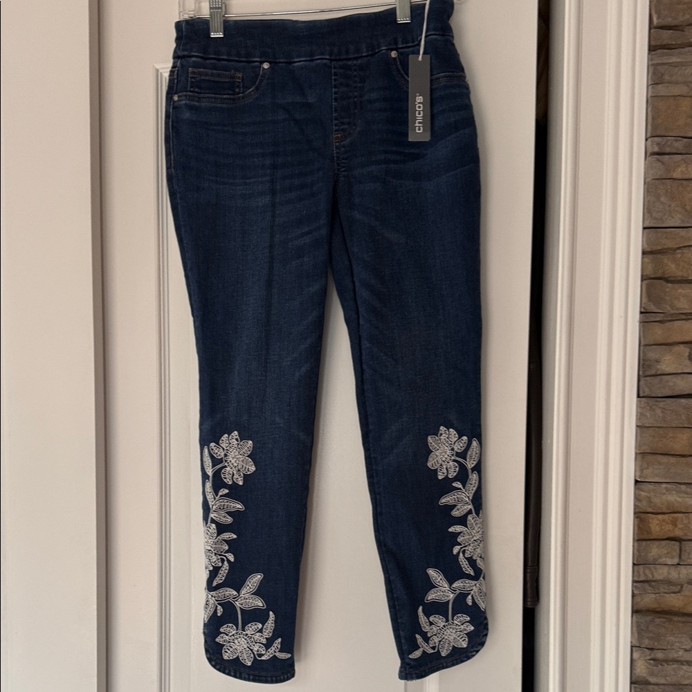 Chico's Dark Blue Jeans with White Floral Detail